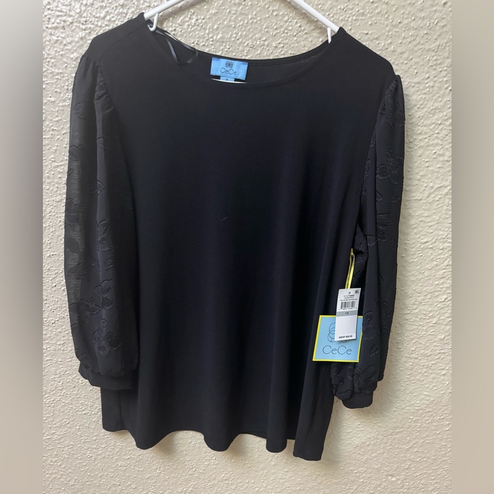 CeCe Black Dress blouse with Floral Accents